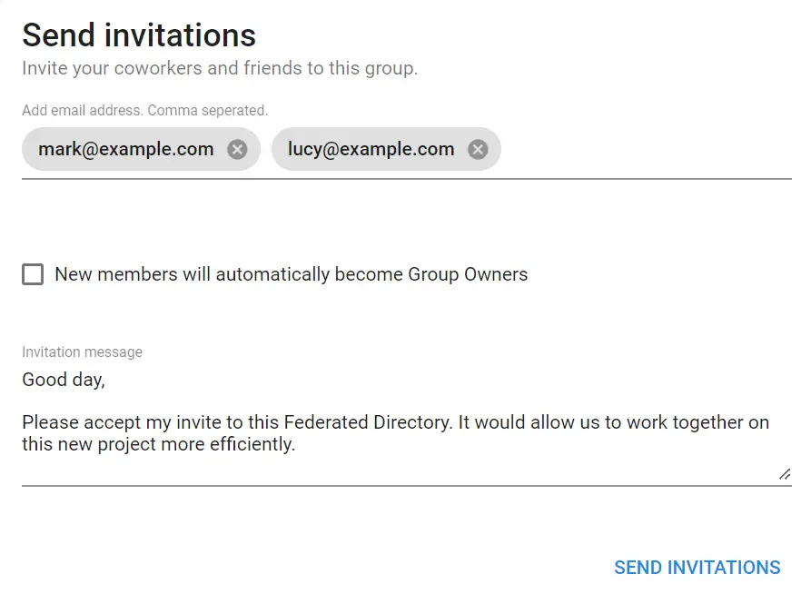 Federated Directory cross-company groups screen for controlling contact sharing
